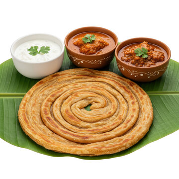 Kerala parotta with curry and yogurt served on banana leaf isolated on transparent background