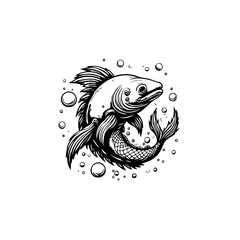 Stylized Black and White Illustration of a Fish Surrounded by Bubbles on White