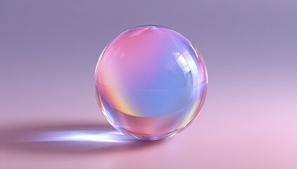 Iridescent glass sphere on pink surface, soft lighting, pastel background, product display