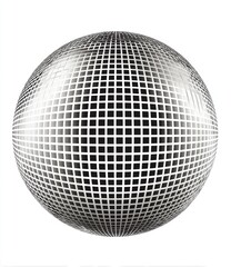 A grayscale disco ball, a perfect sphere, with a grid pattern