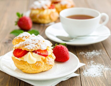 Super realistic side view of strawberry cream puff with hot tea, powdered sugar, bright light, AI generated.
