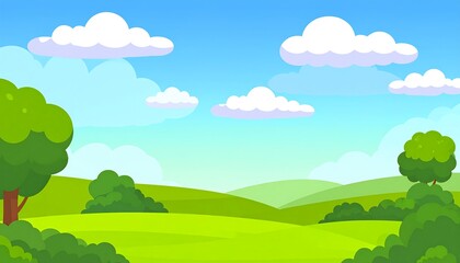 Flat illustration of a summer landscape with trees and hills.