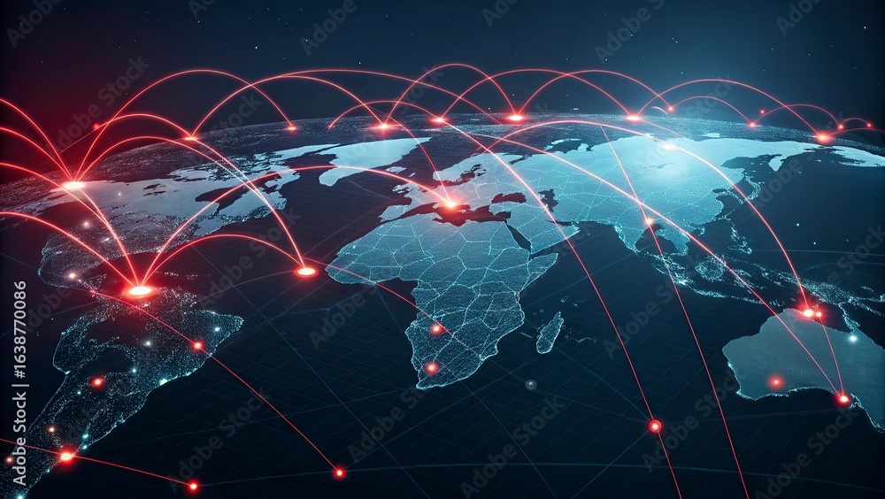 Poster global network connection concept with world map on dark blue background. vector illustration