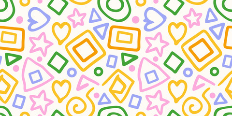 Playful geometric shapes seamless pattern with hearts stars circles and squares