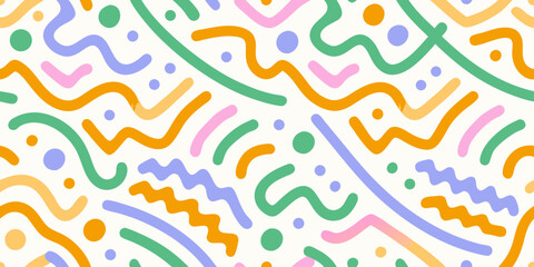 Playful abstract pattern with colorful wavy lines and dots