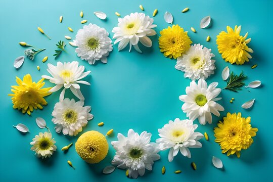 Floral Wreath of White and Yellow Chrysanthemums on a Bright Blue Background