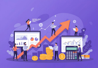 Obraz premium Illustration of people analyzing charts, graphs, and financial data with coins, calculators, and an upward arrow representing business growth. 