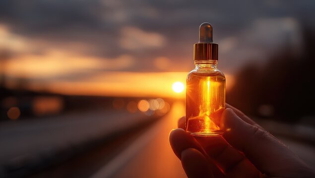 Golden elixir held at sunset.  Hand holds small amber bottle.  Blurred highway and sky