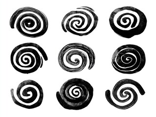 Nine hand-drawn spiral shapes, black ink on white