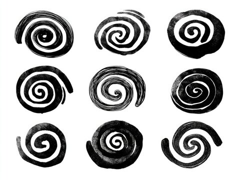 Nine hand-drawn spiral shapes, black ink on white