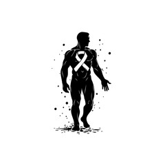 A powerful silhouette of a muscular man with a cancer awareness ribbon symbol