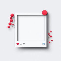 White photo frame with red berries.  Empty square frame, reminiscent of social media, with small, round, red berries arranged around the edge.  Light gray background