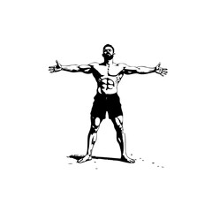 Strong man fitness illustration demonstrating muscular body with open arms pose