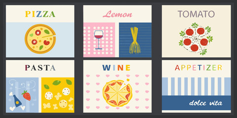 Italian food and drink collage with pizza pasta wine and tomatoes