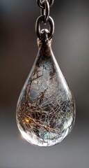Close-up of a teardrop-shaped pendant.  Clear glass encases delicate, light-brown, wispy organic material.  Metal chain is visible