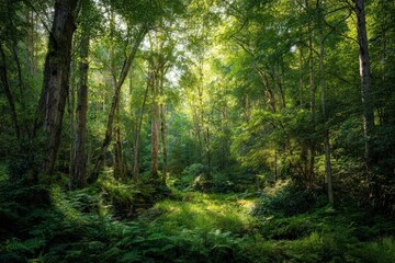 Sunlight Filtering Through Lush Green Forest
