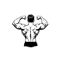 Illustrative muscular man demonstrating biceps, back view showcasing fitness dedication