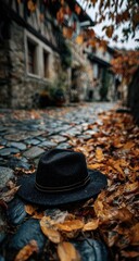 Black hat on cobblestone path, autumn leaves