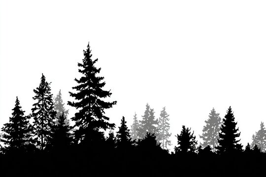 Silhouette of a forest line against a white background.  Dark,  dense trees,  varying heights,  coniferous shapes,  simple design