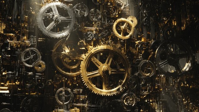 Complex machinery of gears.  Golden and dark metallic gears of various sizes fill the image, appearing to be part of a vast clockwork mechanism.  