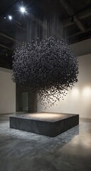 Dark, voluminous, cluster of  thin elements suspended,  draped.  Massive, grey base.  Modern art piece