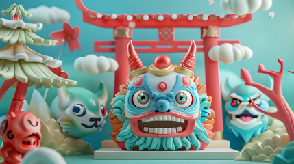 Fototapeta premium 3d Cartoon chibi Shinto god vs yokai big expression