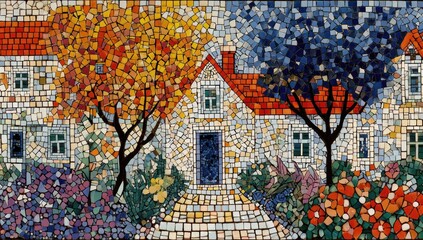 A mosaic artwork depicts a quaint, colorful house with trees and flowers.  The house, with a red tile roof, is framed by vibrant autumnal trees in warm and cool colors.  
