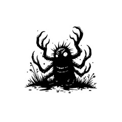 Stylized Illustration of a Spooky, Silhouette Monster with Multiple Limbs on White