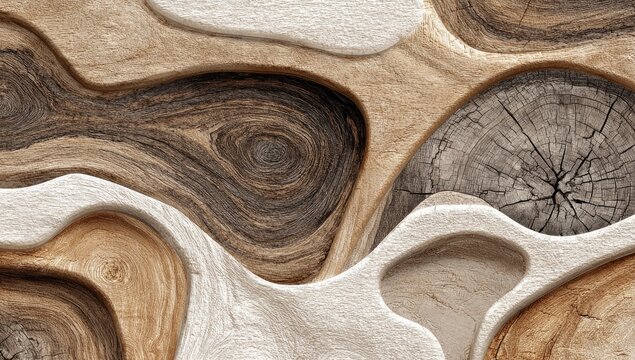 Abstract wood pattern with sculpted, flowing forms of light and dark brown, and cream. Intricate, textured, organic shapes