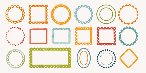 Collection of hand drawn decorative frames and borders in various shapes and colors