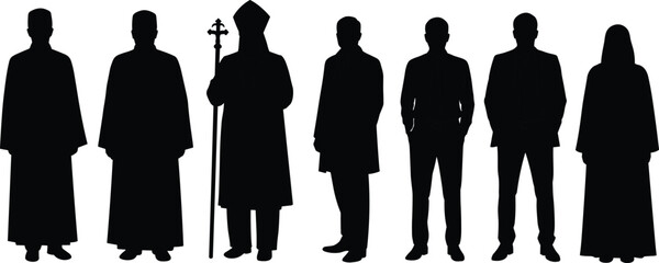 Silhouette of diverse people in religious attire and business suits, representing unity, diversity, culture, tradition, equality, peace, society, harmony