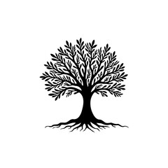 Elegant silhouette of a tree with branches and roots on a white background
