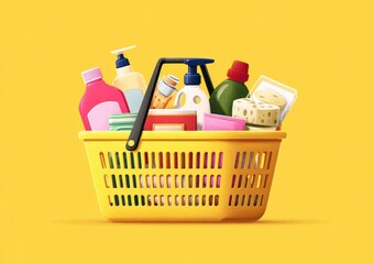 Shopping basket overflowing with various grocery items