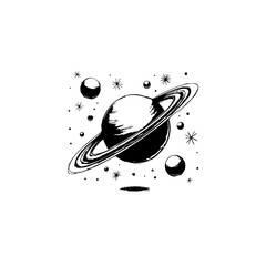 Saturn Illustration: A Minimalist Black and White Space Concept with Planetary Rings © nurina