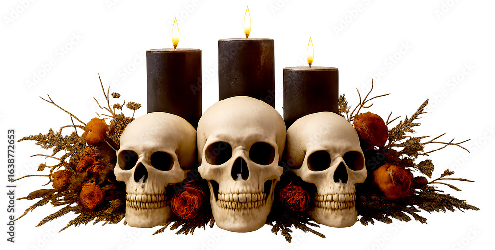 Poster three skulls are on a table with candles in between them