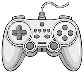 Retro Wired Video Game Controller Grayscale Cartoon Illustration