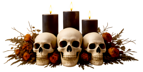 Three skulls are on a table with candles in between them