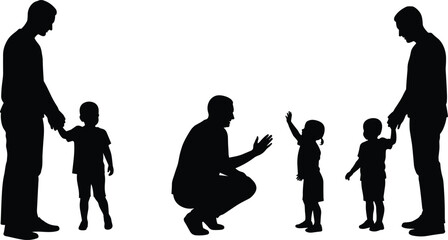 Silhouette of father and child bonding, parenting moments illustration, parent teaching child, fatherhood love, family relationship, emotional connection