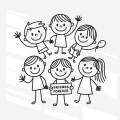 A cartoon drawing of a teacher and students. The teacher is smiling and waving at the students.