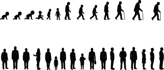 Silhouette of human life stages, baby to elderly person, people evolution timeline, aging process concept, generational growth, child to adult
