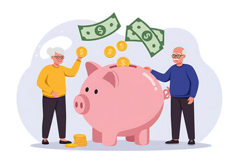 Illustration of senior man and woman placing coins and cash into a giant pink piggy bank, symbolizing retirement savings and financial planning.
