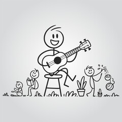 A Stick man is playing a guitar in front of a group of children.