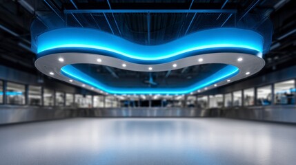 Modern interior with a curved ceiling featuring blue ambient lighting and embedded spotlights