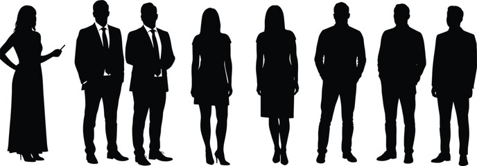 Silhouette of business professionals standing in a row, teamwork concept, leadership diversity, corporate team, male female group outline