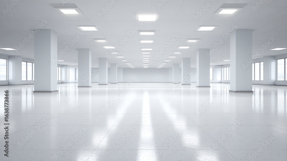 Poster vast empty white office space with a polished floor numerous columns and bright overhead lighting