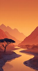Sunset River Valley Landscape, African Savanna, Peaceful Scene, Mobile Wallpaper