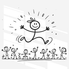 A Stick man cartoon drawing of a man jumping in the air with a group of children around him.