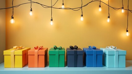 Colorful gift boxes with string lights for christmas birthday party celebration and special occasion presents