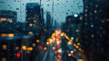 Rain-Streaked Window Overlooking a Glowing Urban Street at Night
