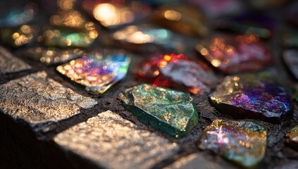 Close-up of a mosaic pavement, multicolored iridescent glass shards